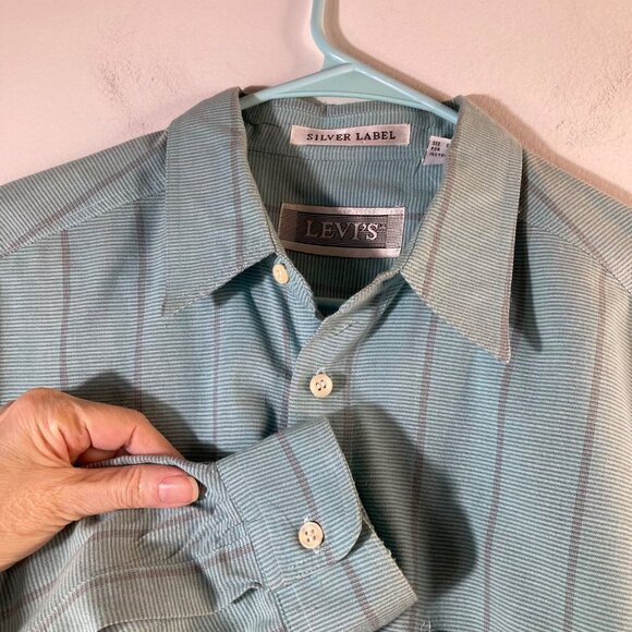 Mens Vintage Levis Big E Silver Label Button Striped Shirt Blue Gray L Polyester - Picture 3 of 7